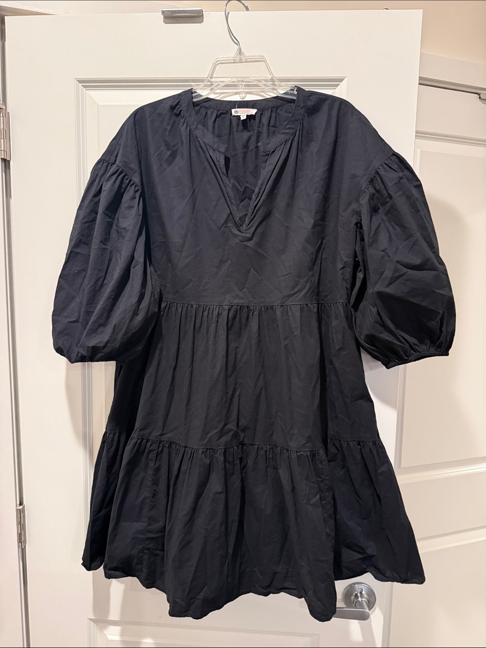 Sundry Black Puff-Sleeve Tiered Mini Dress